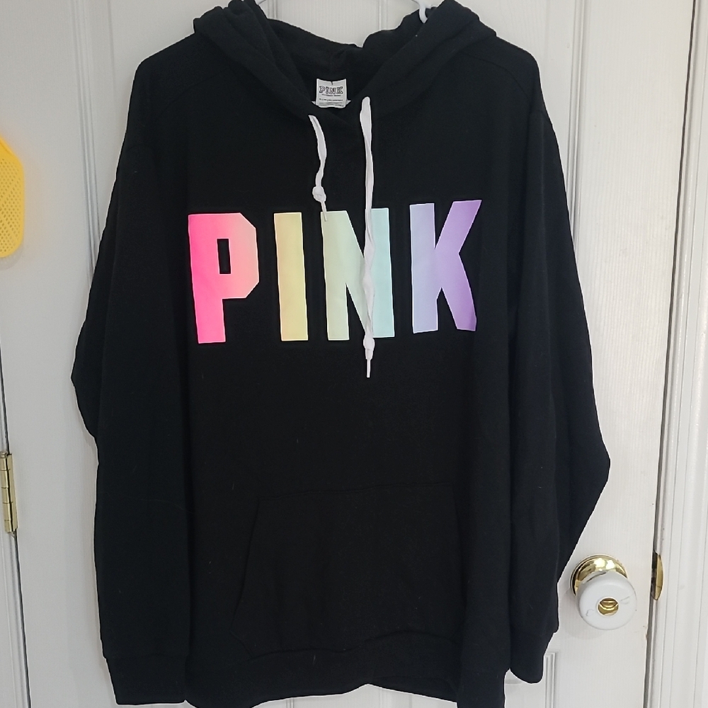 PINK Victoria's Secret Black Hoodie with White Drawstrings
